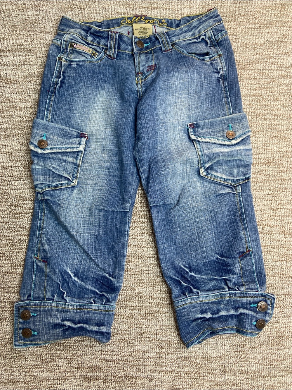 Bubblegum Blue Distressed Cargo Capri Jeans, vintage, retro, Y2K, 90s